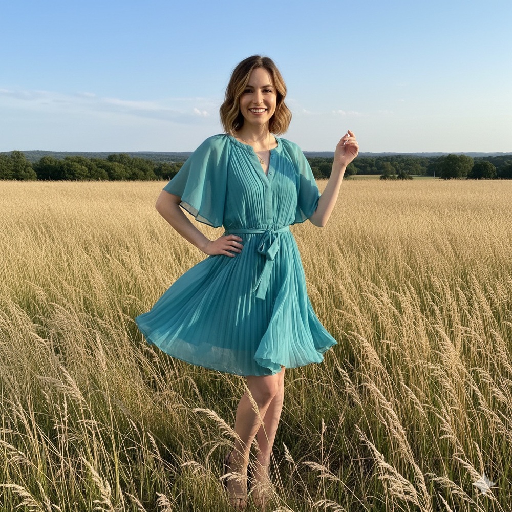 Umgee Pleated Mini Dress Small Teal Blue Boho Flutter Sleeve Romantic Summer
